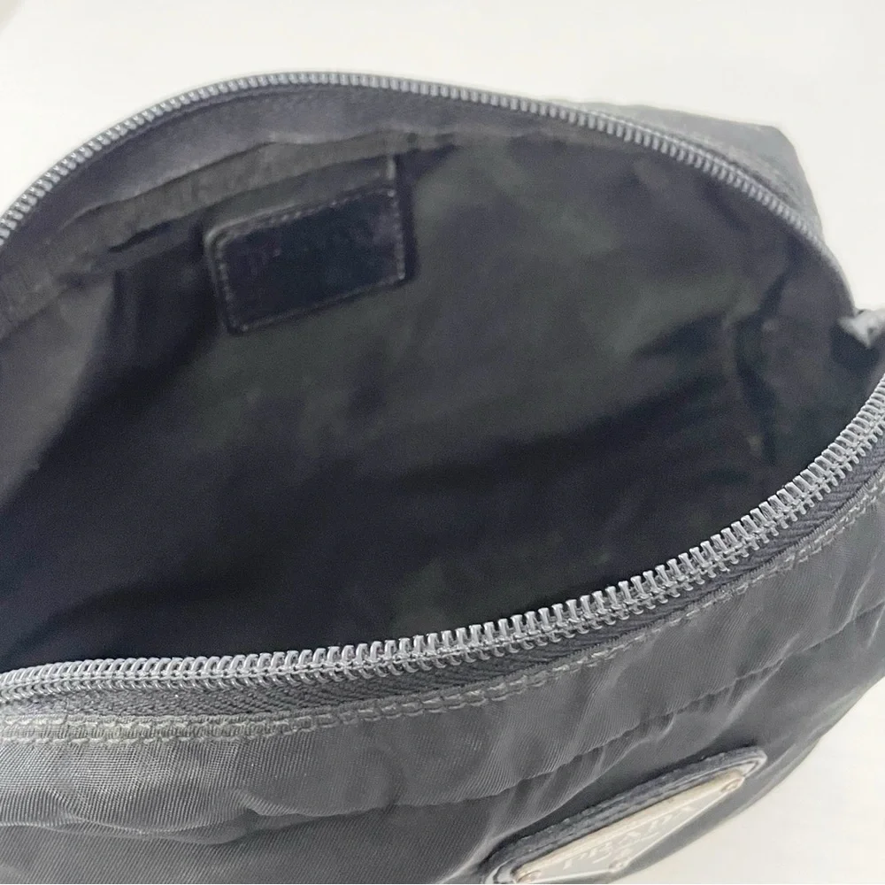 Prada black nylon and leather triangle logo vintage cosmetic zip pouch